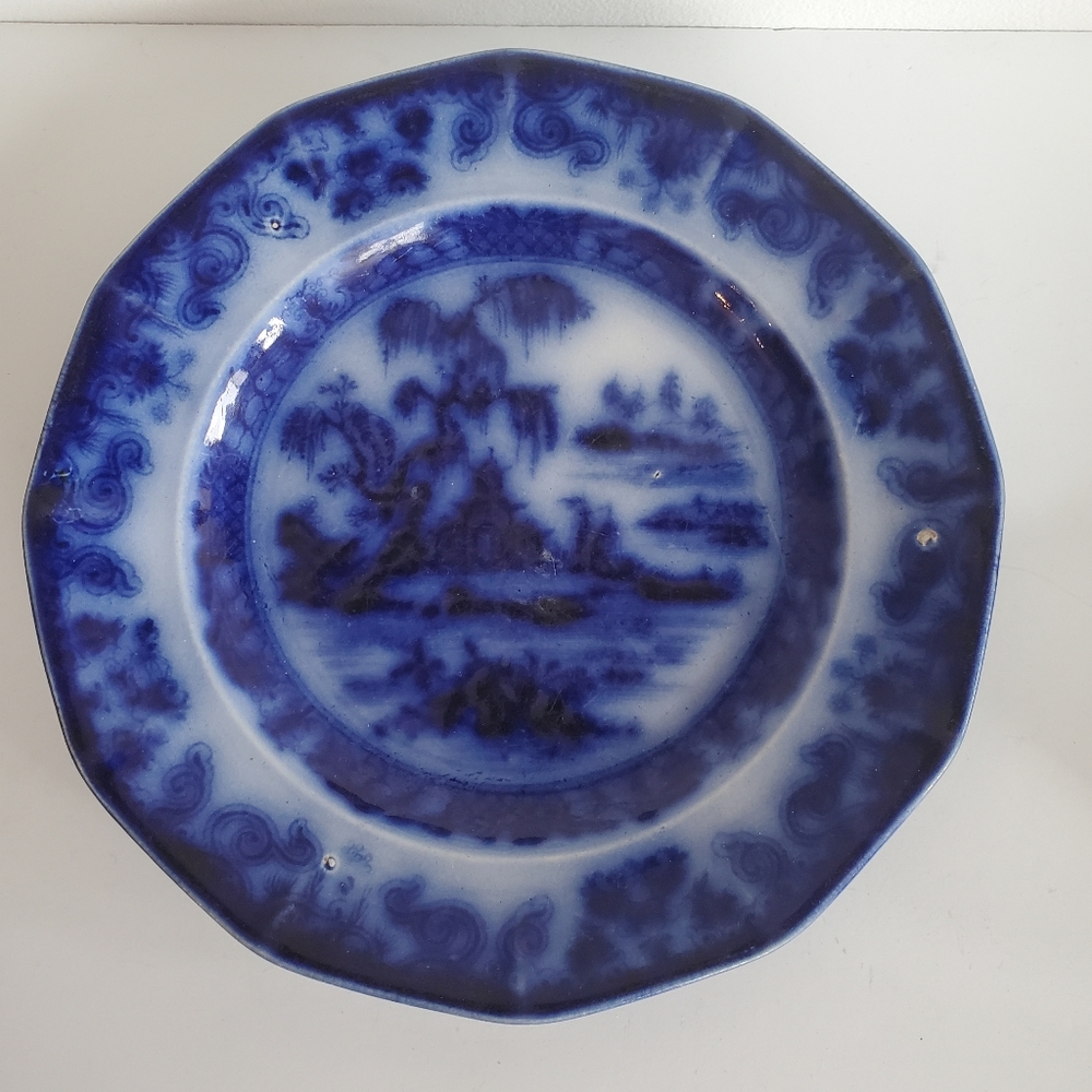 Flow Blue Ironstone Tonquin Plate Shanghai Pattern 8 3/8" signed